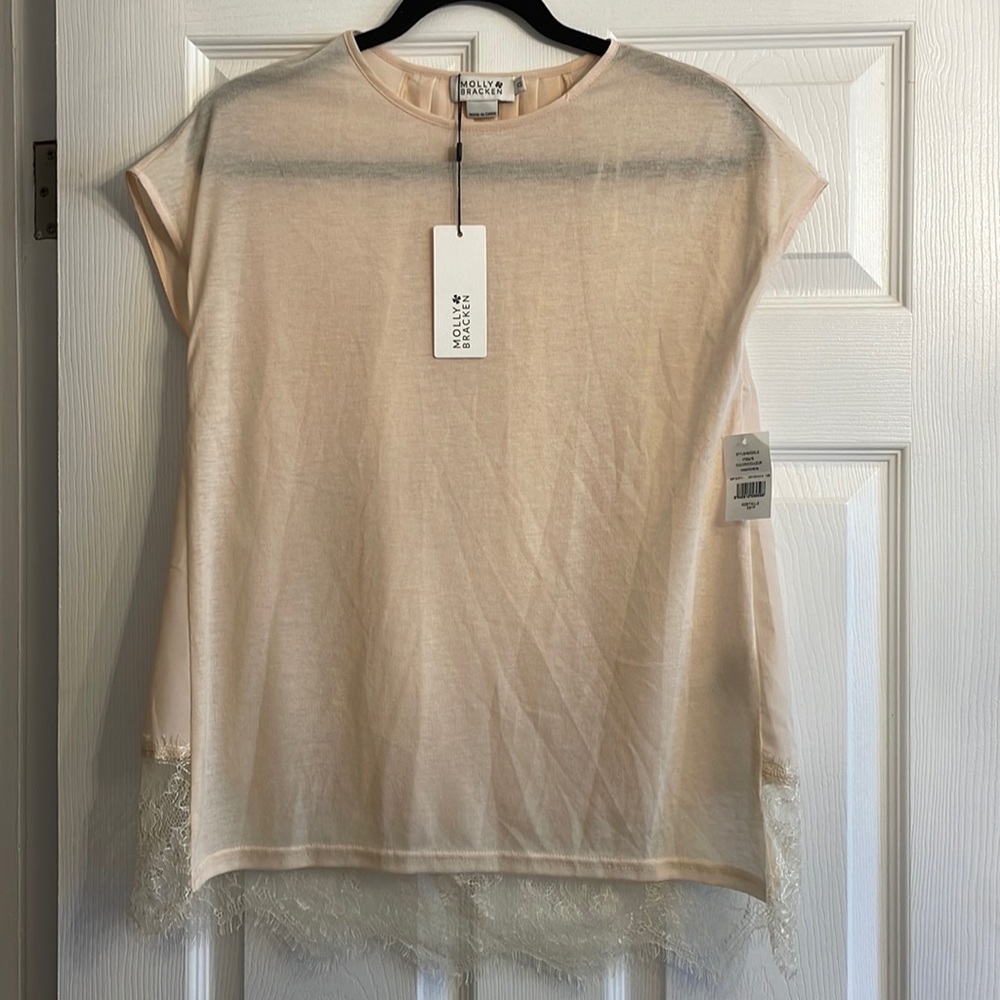 Molly Bracken Knit Top w Pleated Back and Lace Detailing, Cream, sz XS - Picture 5 of 15